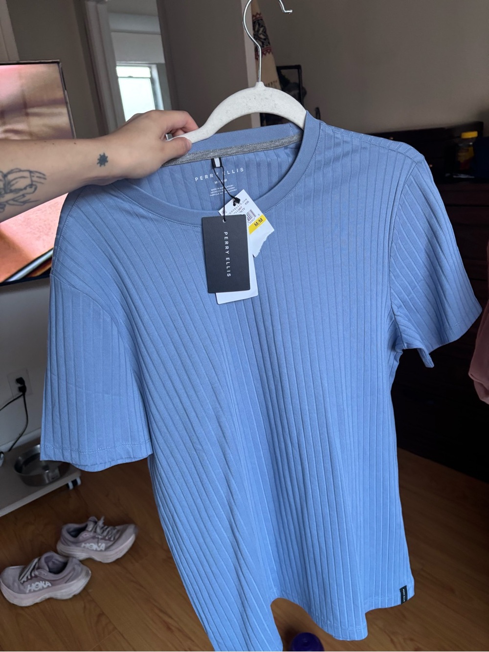Perry Ellis Light Blue Ribbed Short Sleeve Tee